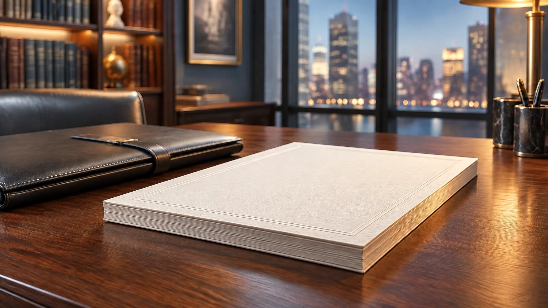 Warmly lit private boardroom with a leather portfolio and a blank invitation book